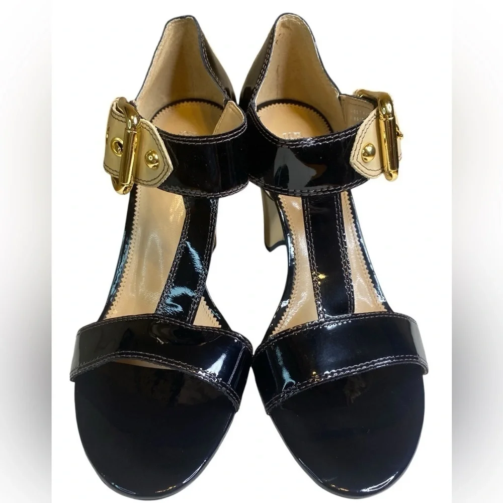 Franco Sarto patent leather Black & Tan Strap Heels Women’s Size 10